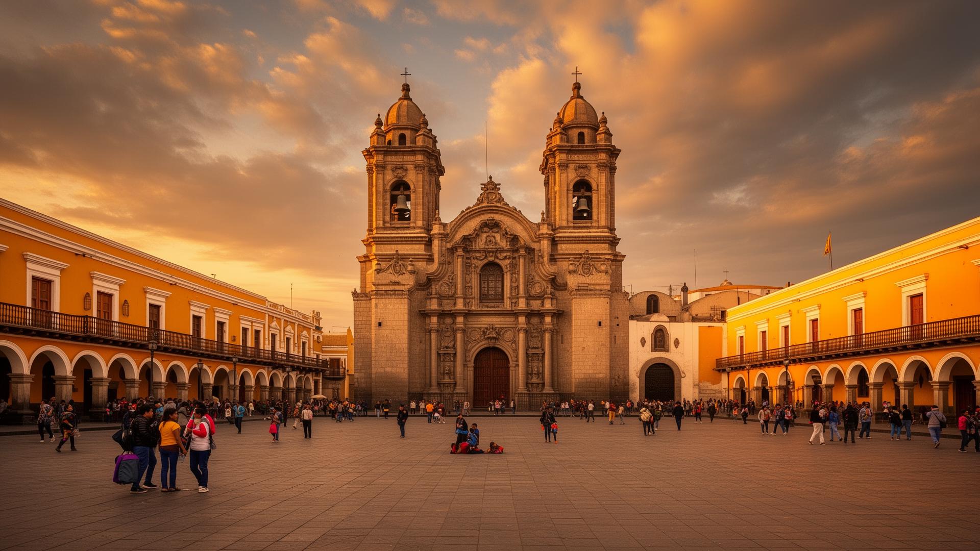Plaza Mayor of Lima at golden hour with the Cathedral of Lima