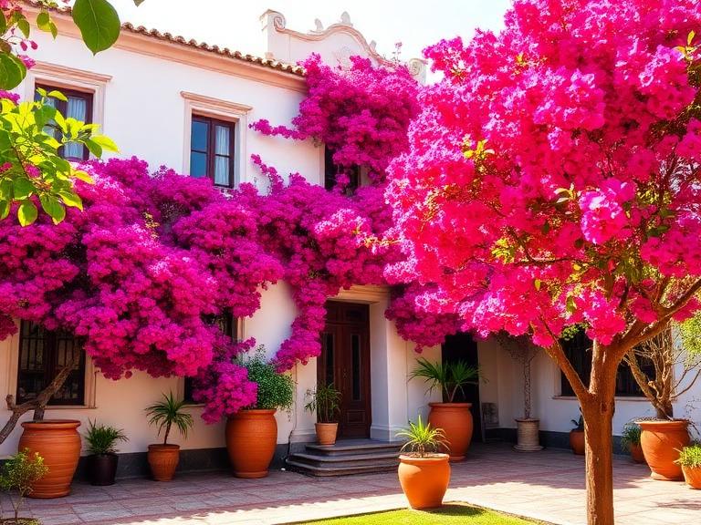 White colonial mansion of Museo Larco covered in bougainvillea