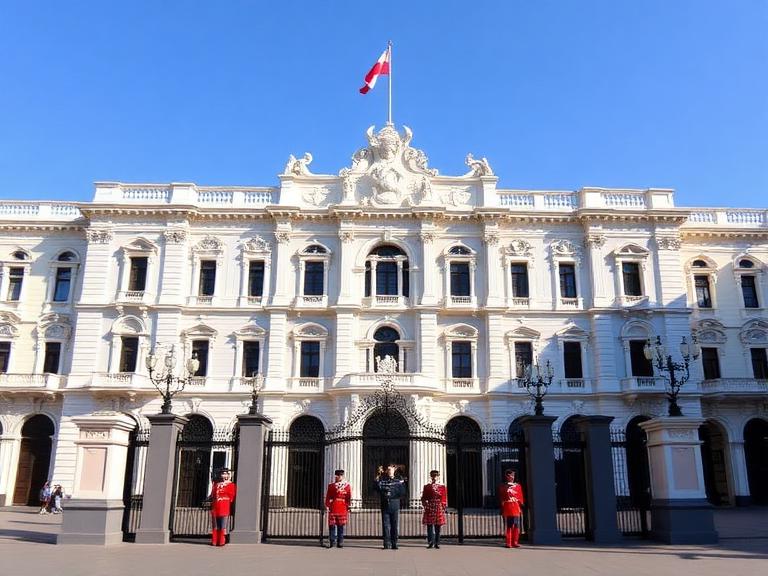 Facade of the Government Palace of Peru with ceremonial guards