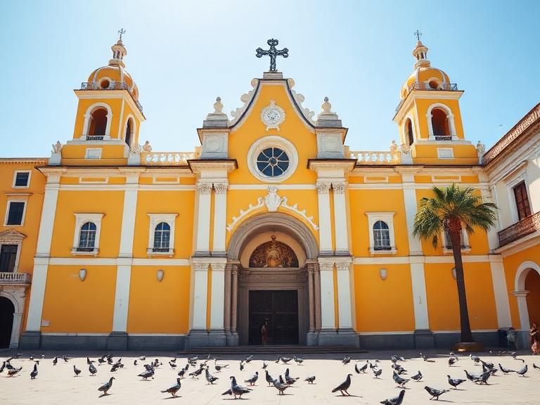 Baroque facade of the Basilica of San Francisco in Lima